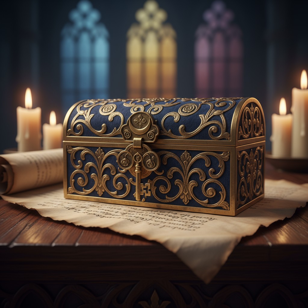 An ornate, locked treasure chest made of brass, sitting on a wooden table, with curled clasp, surrounded by lit candles an...