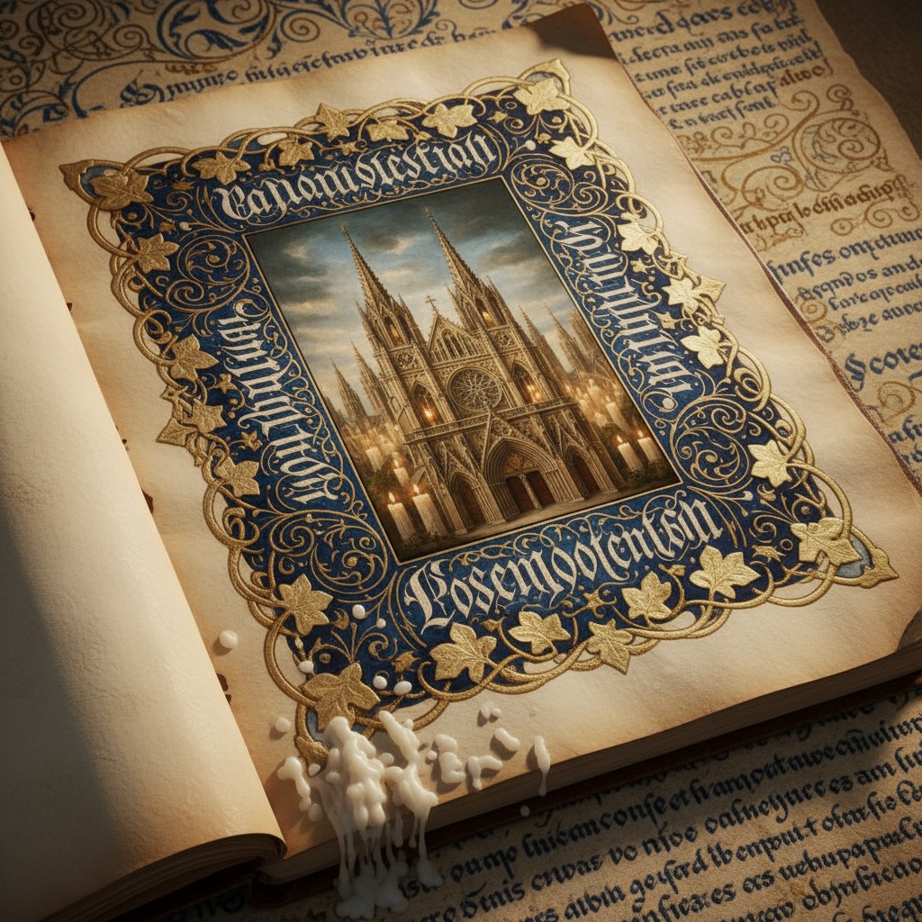 An open, ornate book with a medieval theme, featuring an image of a castle and Latin text.