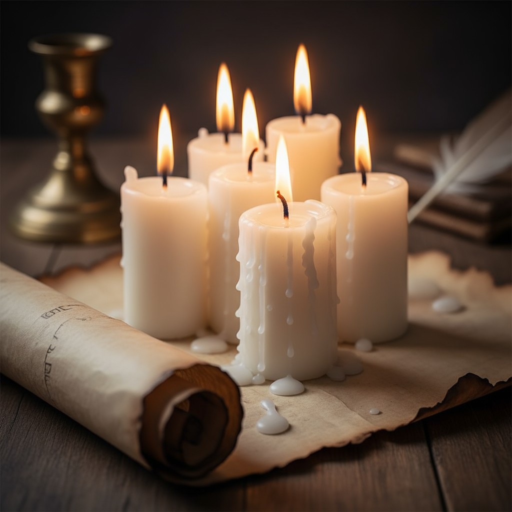 A collection of melted white candles, some set aflame, arranged on a rolled parchment and burnt parchment-like paper atop ...