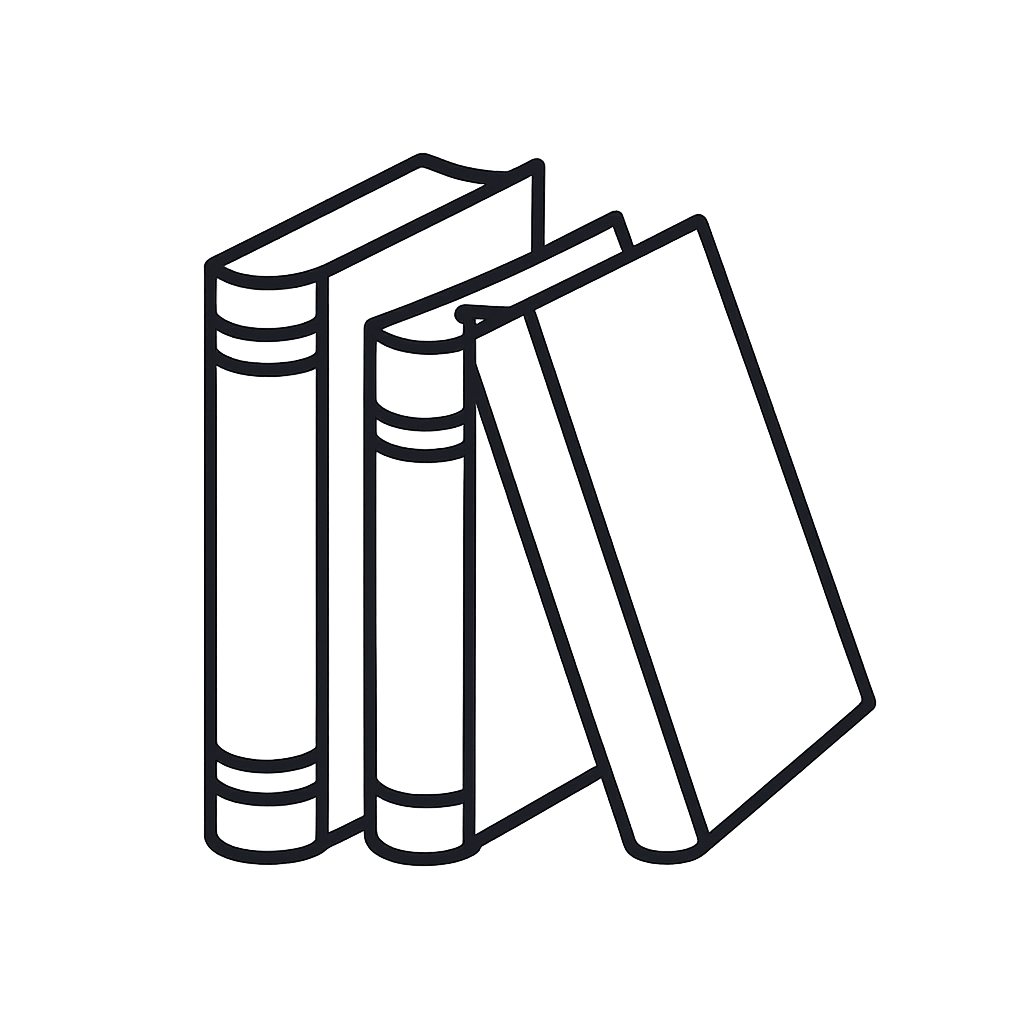 A black line drawing of three books standing in a triangular formation against a solid black background.