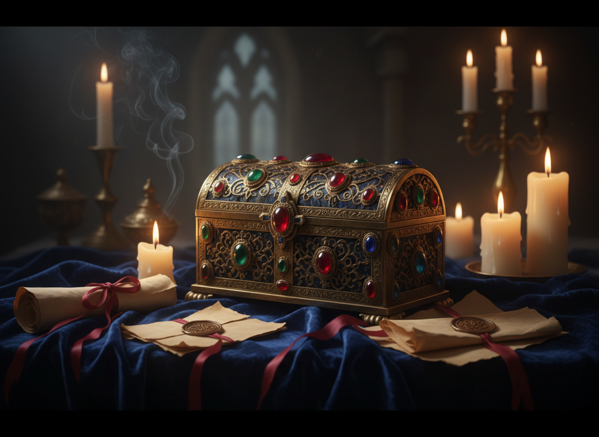 An ancient jeweled reliquary casket resting on deep midnight-blue velvet, illuminated by warm candlelight.